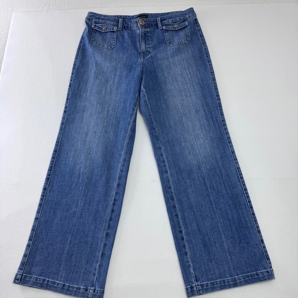 Talbots Classic Jean Trouser Womens Medium Wash Wide Leg Gold Crest Button Jeans